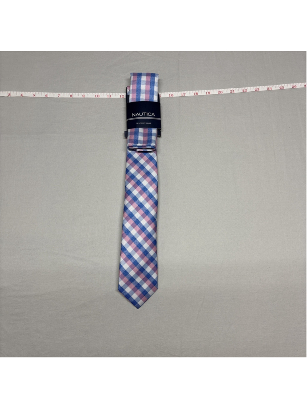 Nautica Blue, Pink & White Plaid Tie with Pocket Square